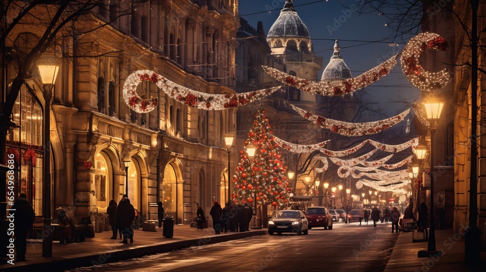 Budapest, Hungary's Central Street is illuminated for Christmas.