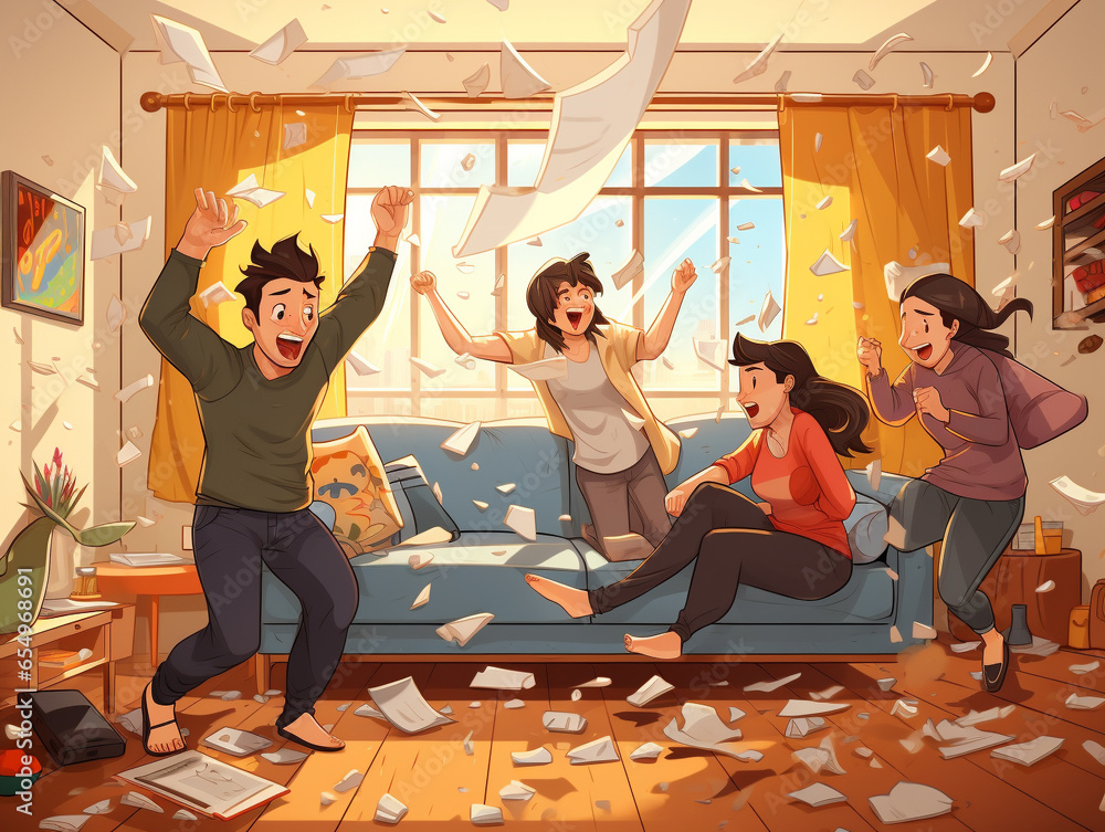 Fototapeta premium An Illustration of Friends Having a Pillow Fight in the Living Room