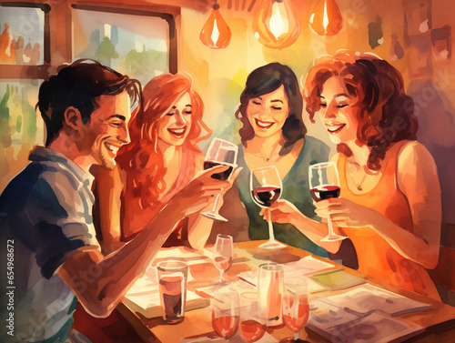 An Illustration of Friends Having a DIY Wine Tasting