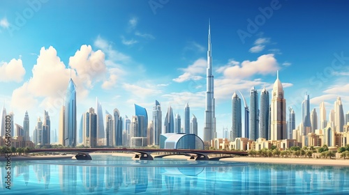 United Arab Emirates' Dubai downtown features an incredible city skyline with luxurious skyscrapers.