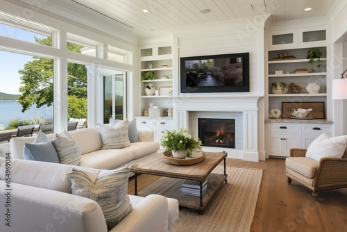 Stunning farmhouse living room in a luxury home with hardwood floors, white shiplap, fireplace, and built-in with a TV. Generative AI