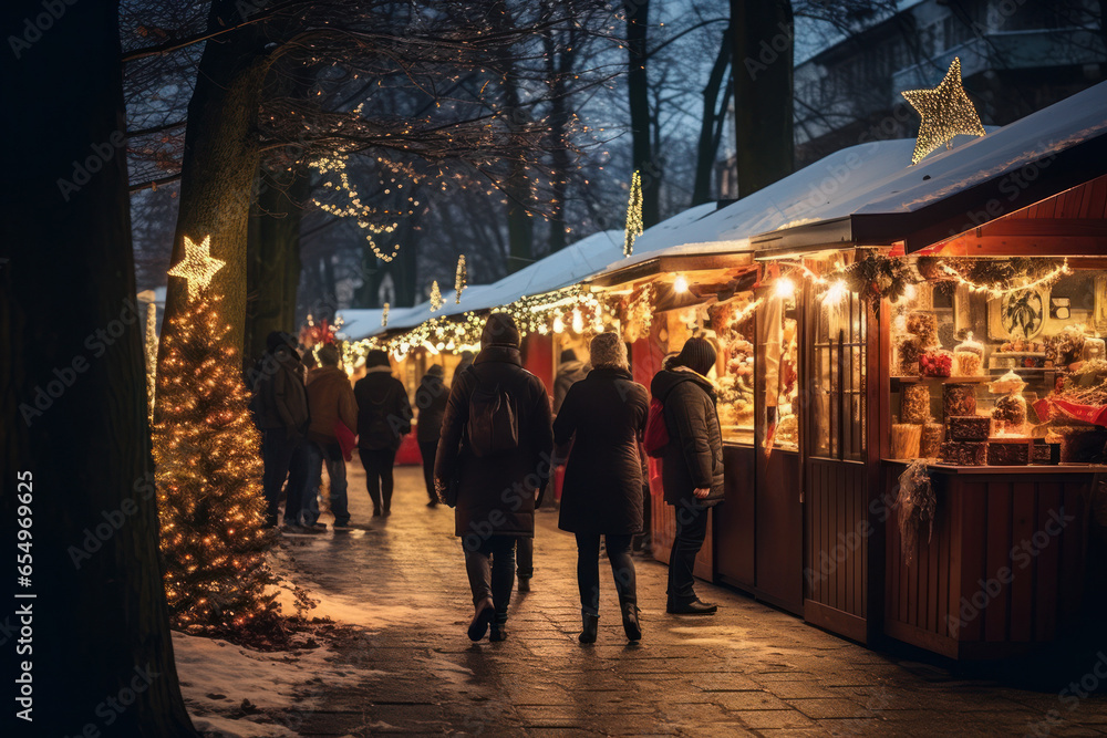 Winter market with vendor stalls, people shopping for gifts, and colorful decorations, portraying the charm of holiday markets. Generative Ai