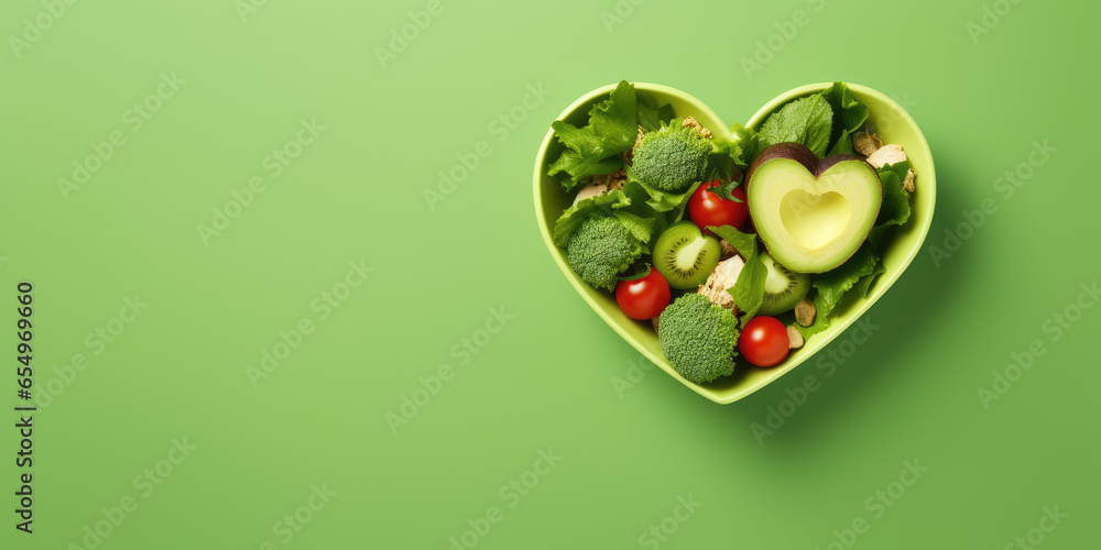 Healthy and healthy diet food in a heart-shaped plate. Banner. - obrazy, fototapety, plakaty 