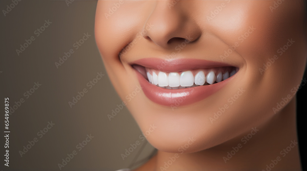 Fototapeta premium Generative AI, girl with beautiful white healthy teeth smiling, charming snow-white smile, dentistry advertising, oral care, mouth, face, cute woman, space for text, interior background