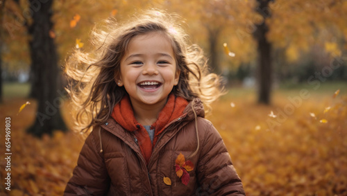 "Joyful Autumn Moments: Baby Girl Laughing and Playing Happily in the Midst of the Colorful Season"