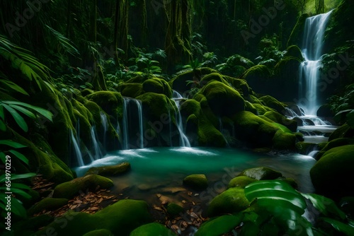 A hidden waterfall cascading down moss-covered rocks in the heart of a tropical jungle - AI Generative