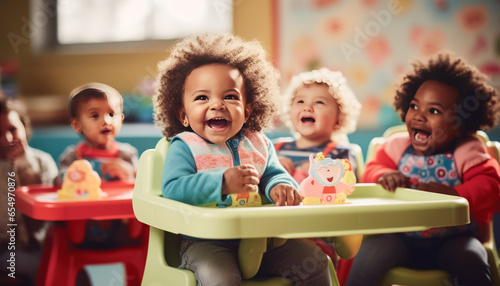 A baby is sitting in a high chair at a daycare center, surrounded by other babies and toddlers.Generative AI. photo