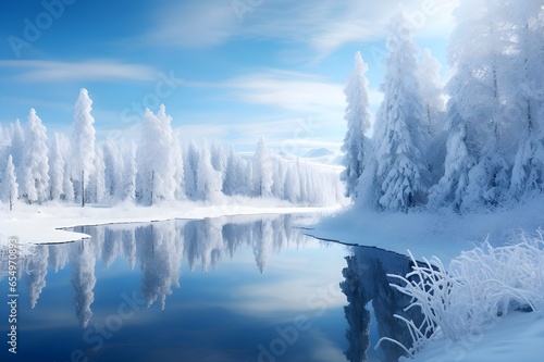 An enchanting winter wonderland, with snow-covered trees and a pristine, frozen lake.