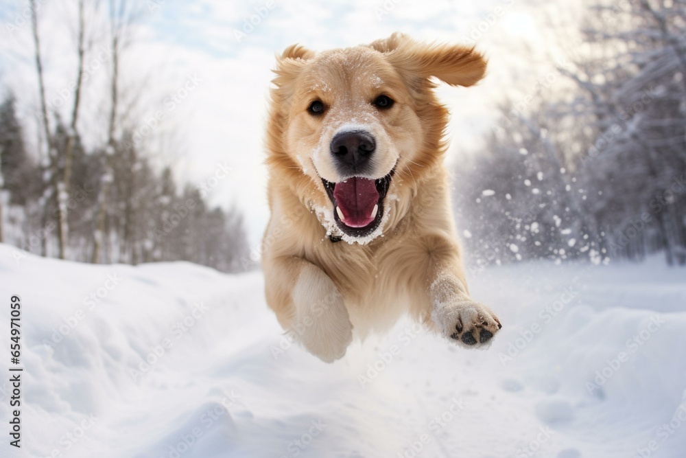 playful dog having fun in snowy scene. Generative AI