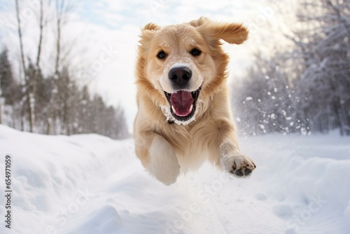 playful dog having fun in snowy scene. Generative AI © Celestina