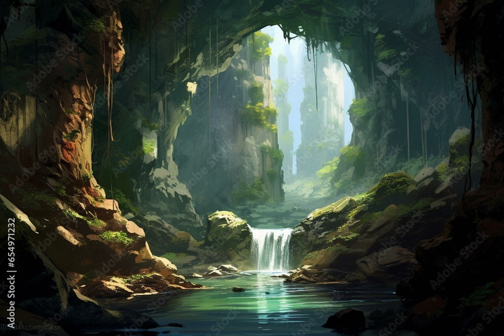 Illustration of a river flowing through a cave within a forest environment. Generative AI