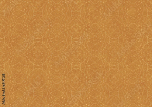 Hand-drawn unique abstract symmetrical seamless gold ornament on a yellow background. Paper texture. Digital artwork, A4. (pattern: p10-2c)