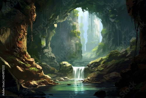Illustration of a river flowing through a cave within a forest environment. Generative AI