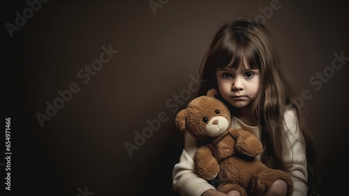 little girl hug her doll and cry or scare or sad or feel bad.