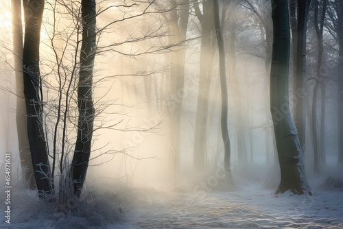 Winter forest with mystical morning fog  © PinkiePie
