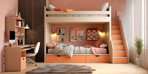 Modern teen bedroom featuring a custom-made with bunk bed, cozy and efficient photo