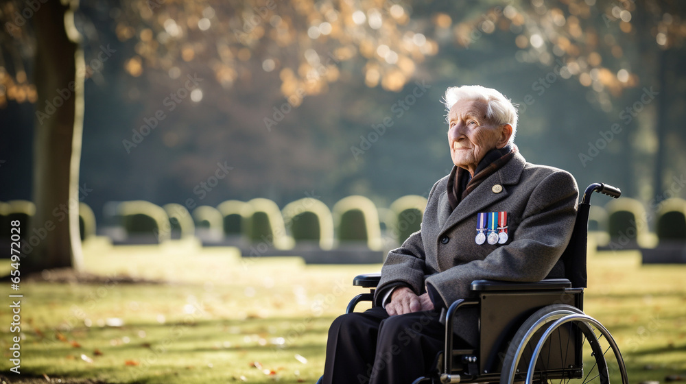 Elderly war veteran walking through a war cemetery.  - obrazy, fototapety, plakaty 