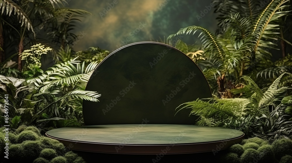 Photo of a green round podium surrounded by lush green plants in a beautifully decorated room. To be used for product photography - created with Generative AI technology - obrazy, fototapety, plakaty 