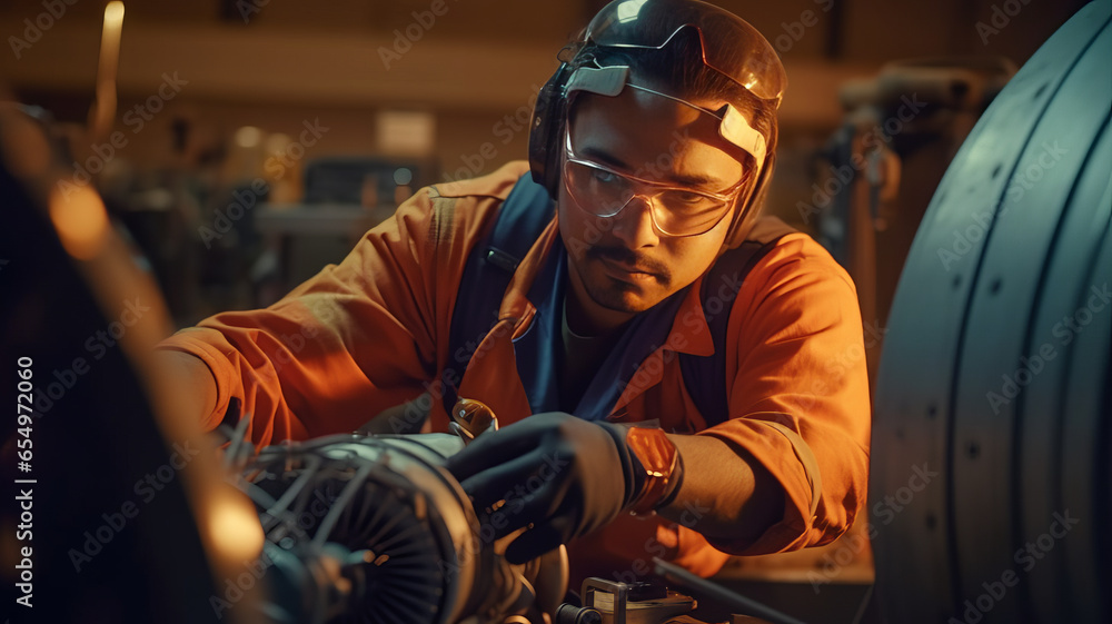 Aircraft technician, Engineer is wearing an orange signal vest repairing a turbine.