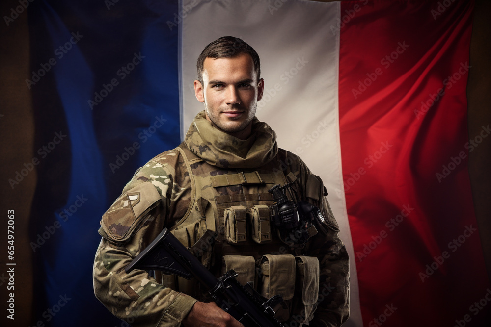 Soldier standing in front of a french flag. 