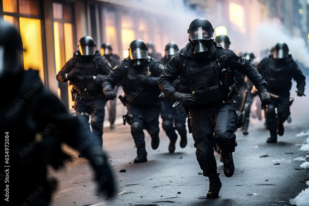 Uniformed riot police in an urban city during a time of troubles. Uniformed riot police in an urban city during a time of troubles.