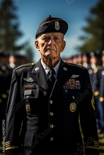 Elderly veteran standing at attention. 