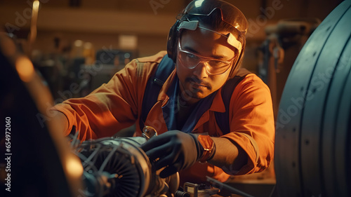 Aircraft technician, Engineer is wearing an orange signal vest repairing a turbine.