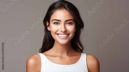 Generative AI, girl with beautiful white healthy teeth smiling, charming snow-white smile, dentistry advertising, oral care, mouth, face, cute woman, space for text, interior background