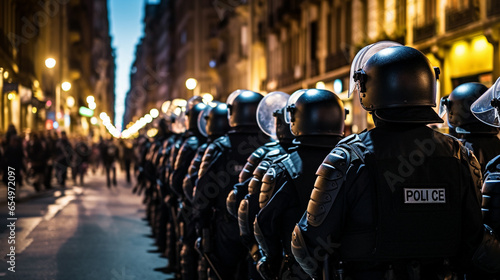 Uniformed riot police in an urban city during a time of troubles. 