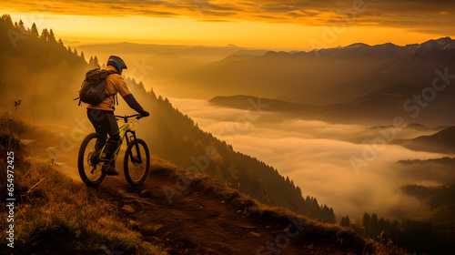 Mountain Biker Conquering the Sunset Peak, Embracing the Thrill of Nature's Beauty, generative ai  © Marc