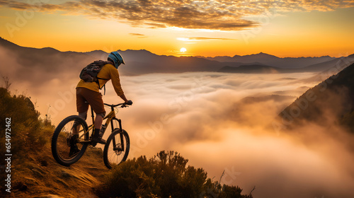 Mountain Biker Conquering the Sunset Peak, Embracing the Thrill of Nature's Beauty, generative ai 