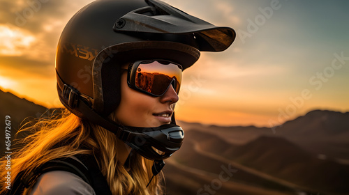 Empowered Pedals: Capturing the Essence of a Fearless Female Cyclist at Sunset, generative ai 