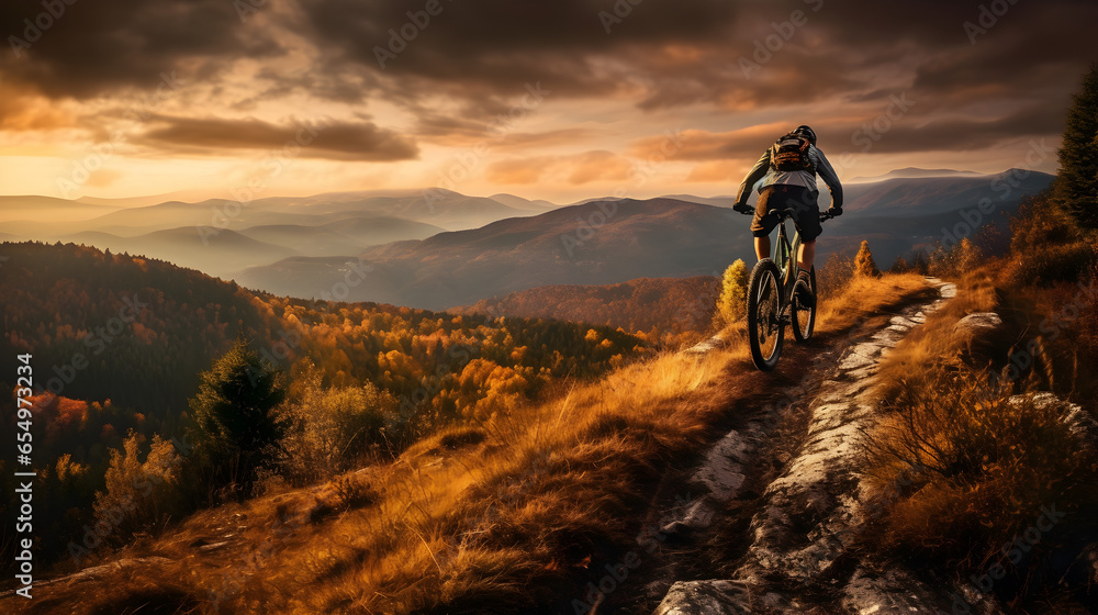 Adventurous Biker Embracing the Sunset Glory atop Majestic Mountain Peaks, Enjoying a Thrilling Ride in Nature's Tranquil Embrace, generative ai Adventurous Biker Embracing the Sunset Glory atop Majestic Mountain Peaks, Enjoying a Thrilling Ride in Nature's Tranquil Embrace, generative ai