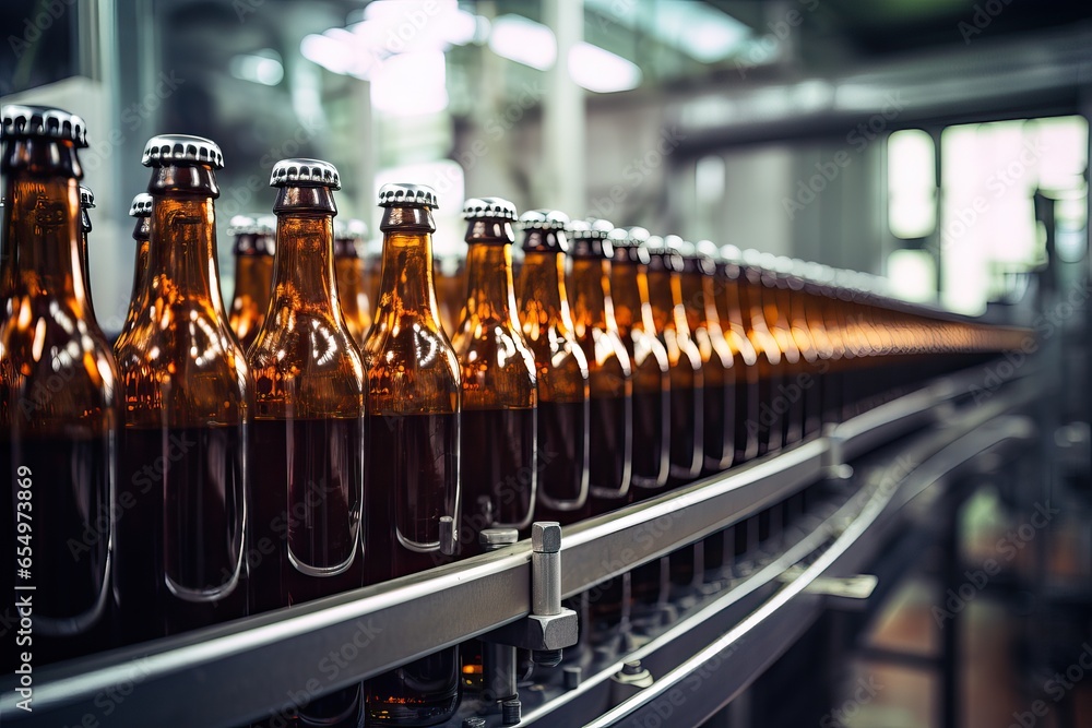 Close up of Brown Beer Bottles on Conveyor at a beer factor Close up of Brown Beer Bottles on Conveyor at a beer factor