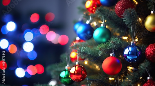 Colorful Christmas Tree with Ornaments, Lights, and Bokeh