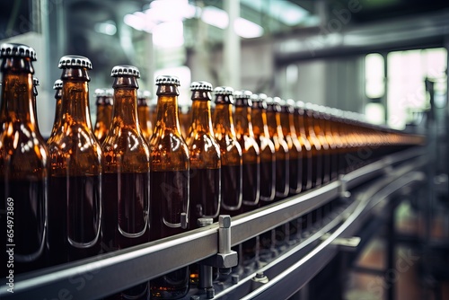 Close up of Brown Beer Bottles on Conveyor at a beer factor