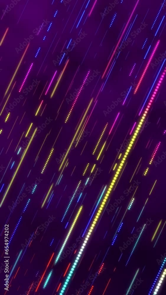 Vertical video - glowing colorful neon lines and dashed lines and dots ...