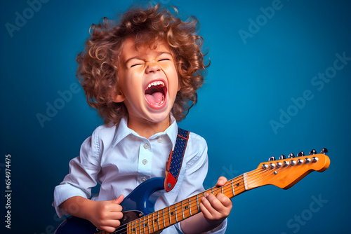 Funny cheerful cool child playing guitar and singing.