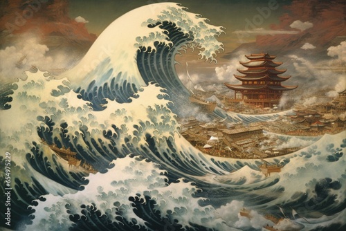 Traditional oriental-style depiction of a monumental tsunami wave. Generative AI