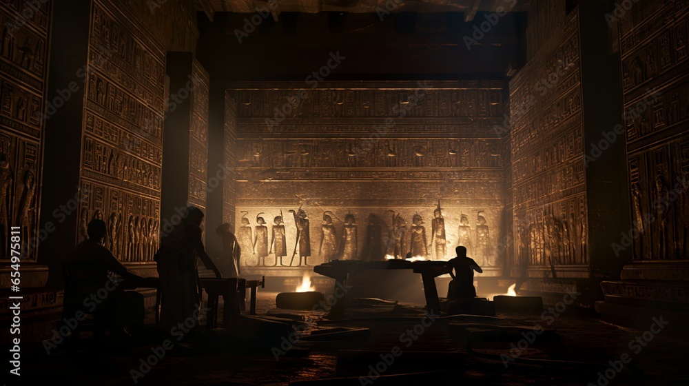 Archeologists examine egyptian temple interior wall hieroglyphs - obrazy, fototapety, plakaty 