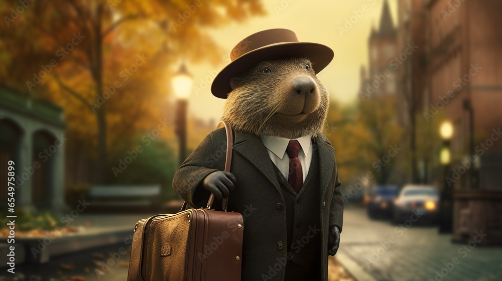 Anthropomorph detective capybara goes to work with his suitcase