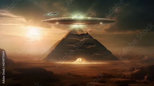 Ufo flying saucer floating above the ancient pyramid alien conspiracy theory poster