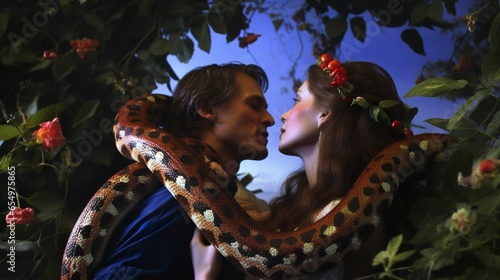 Adam and Even in the garden of Eden eating from the fruit with the snake of the devil photo