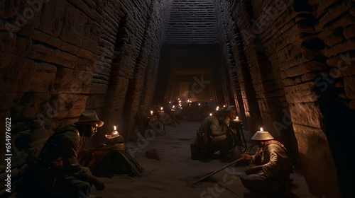 Archeologist workers waiting in the pyramid interior to continue digging