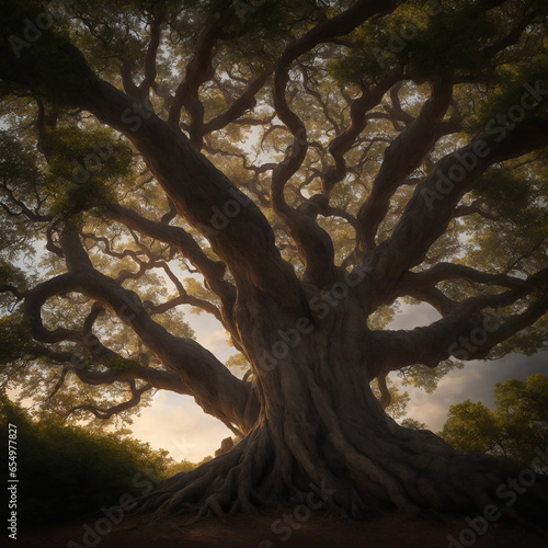 A majestic tree with a trunk of knowledge, its branches reaching up to the heavens - AI Generative