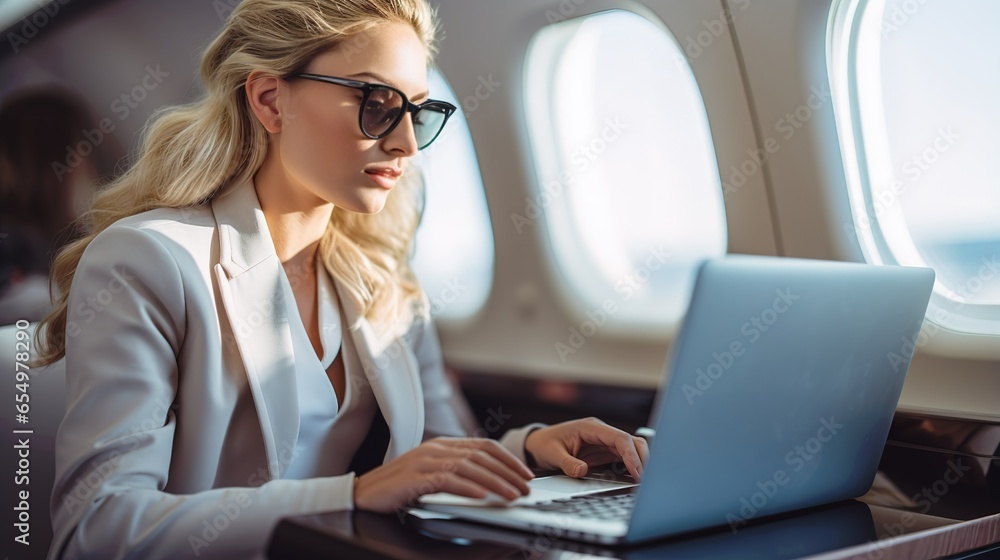 Woman Entrepreneur Doing Business from Inside an Airplane, Business Travel, Caucasian Woman Woman Entrepreneur Doing Business from Inside an Airplane, Business Travel, Caucasian Woman