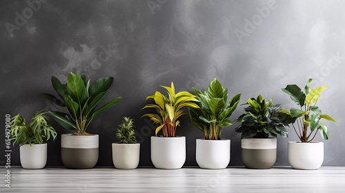 several diverse fake plants in pots on white wood table by gray wall