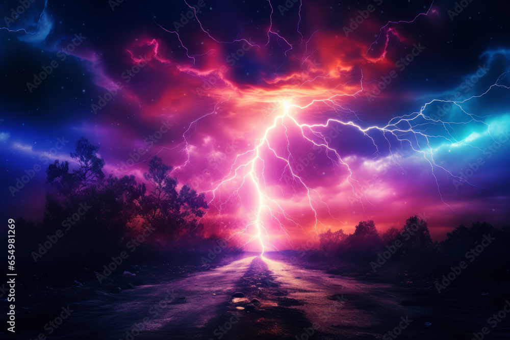 Lightning hits the ground, colorful power concept