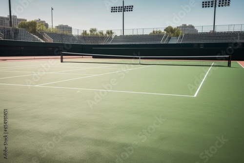 An open tennis court with no players or visible activity. Generative AI