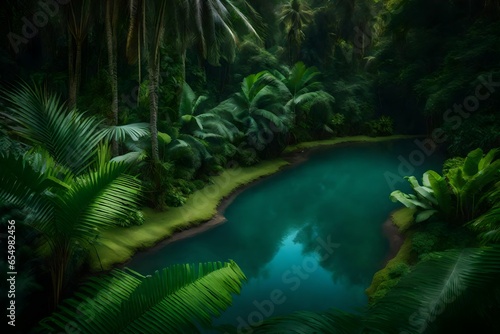 a meandering jungle river surrounded by lush vegetation - AI Generative